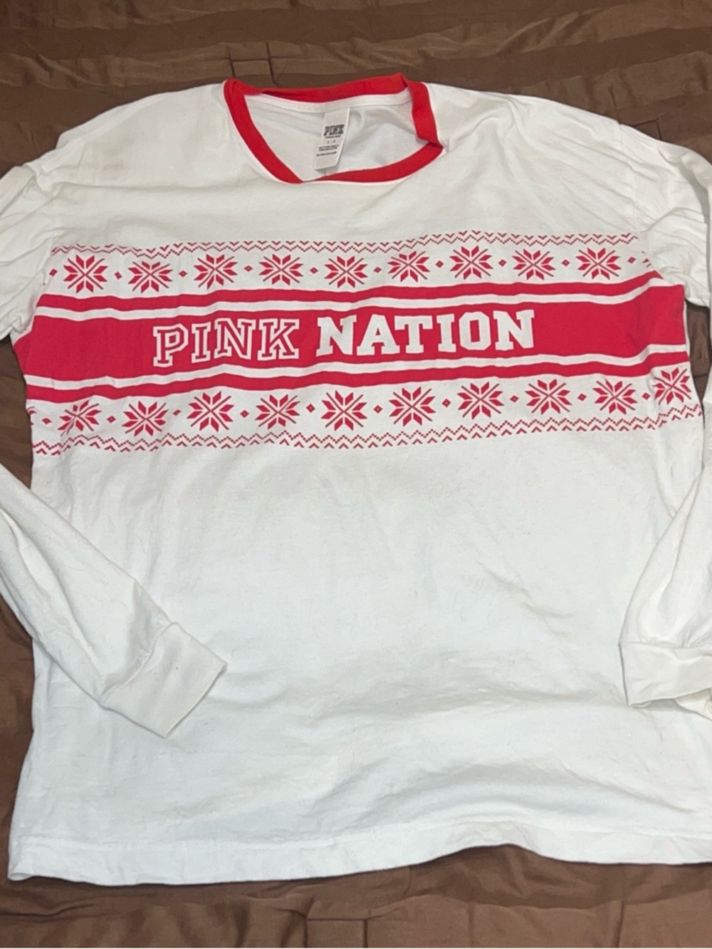PINK Victoria's Secret White and Red 'PINK NATION' Long Sleeve Tee
